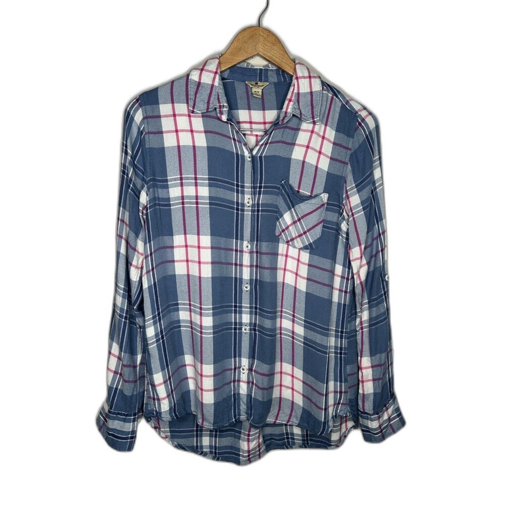 Woolrich Womens Size Medium Long Sleeve Blue Plaid Rayon Button Down Shirt